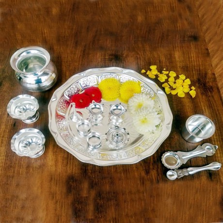 Silver Plated Pooja Thali Set of 11 for Home and Office Use